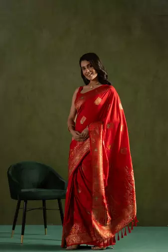 Red dola silk blend zari woven saree