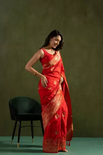 Red dola silk blend zari woven saree