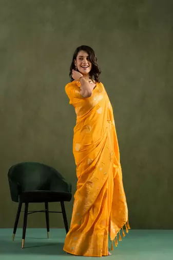 Yellow dola silk blend zari woven saree