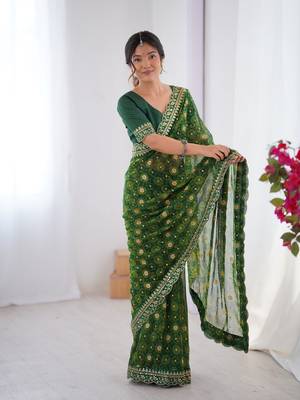 Green embroidery lace work georgette printed saree 1