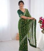 Green embroidery lace work georgette printed saree