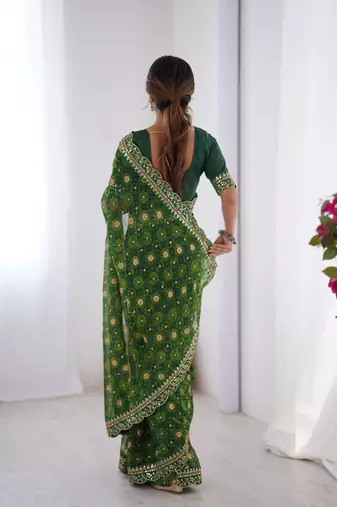 Green embroidery lace work georgette printed saree