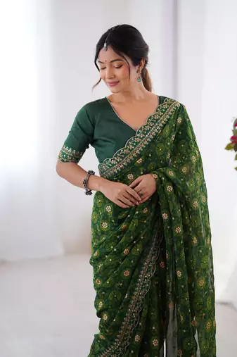 Green embroidery lace work georgette printed saree