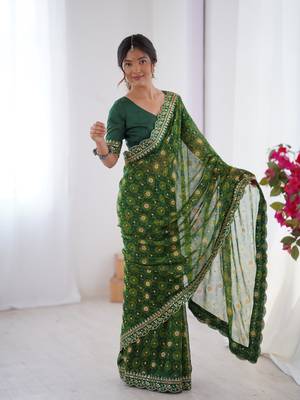 Green embroidery lace work georgette printed saree 5