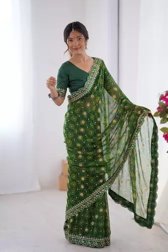 Green embroidery lace work georgette printed saree