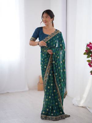 Petrol embroidery lace work georgette printed saree 1
