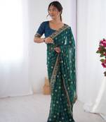 Petrol embroidery lace work georgette printed saree