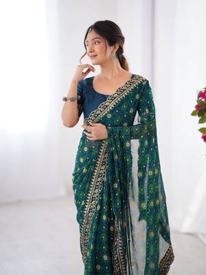Petrol embroidery lace work georgette printed saree 3