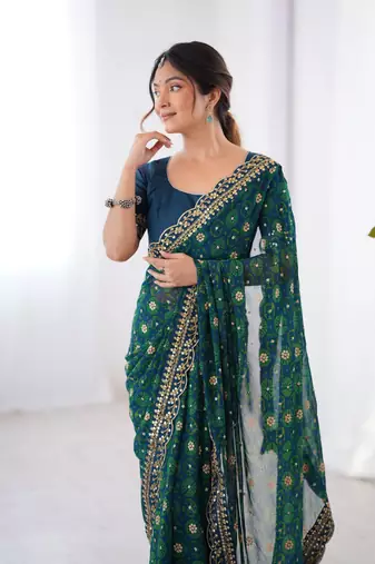 Petrol embroidery lace work georgette printed saree