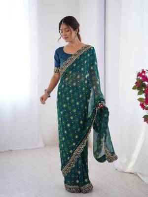 Petrol embroidery lace work georgette printed saree 4