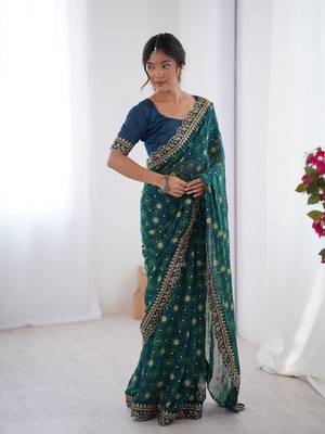 Petrol embroidery lace work georgette printed saree 5
