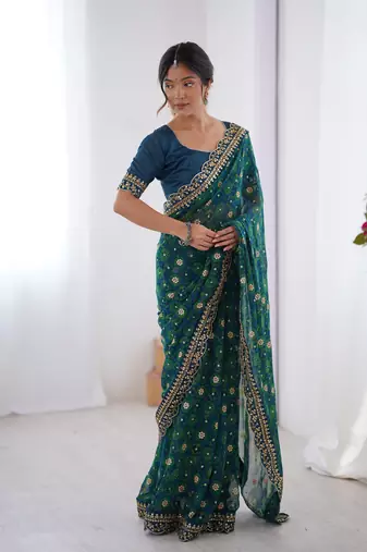 Petrol embroidery lace work georgette printed saree