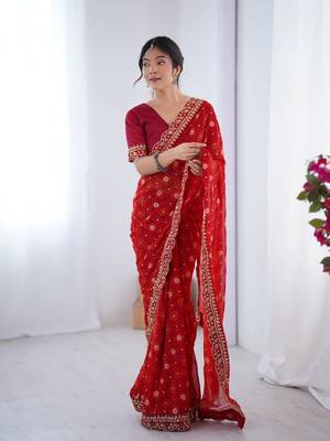 Red embroidery lace work georgette printed saree 1