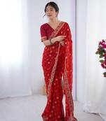 Red embroidery lace work georgette printed saree