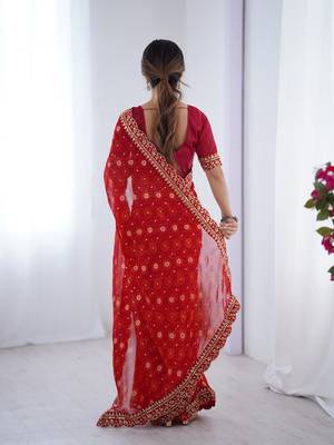 Red embroidery lace work georgette printed saree 2