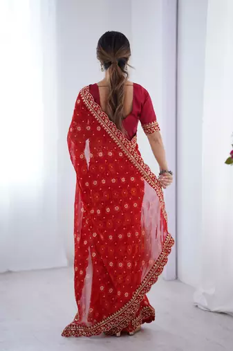 Red embroidery lace work georgette printed saree