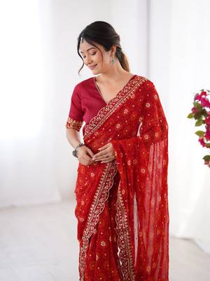 Red embroidery lace work georgette printed saree 3