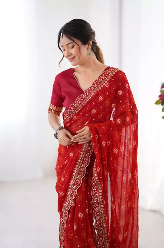 Red embroidery lace work georgette printed saree