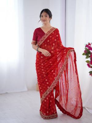 Red embroidery lace work georgette printed saree 4