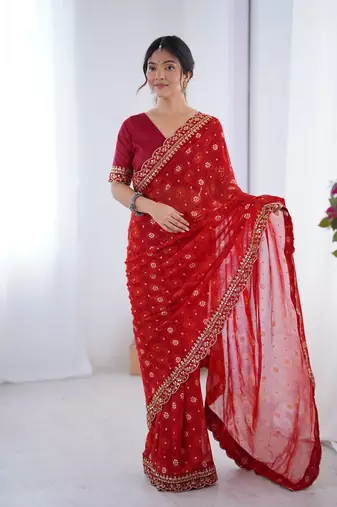 Red embroidery lace work georgette printed saree