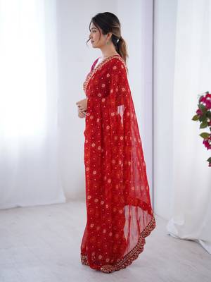 Red embroidery lace work georgette printed saree 5