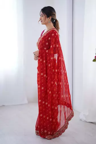 Red embroidery lace work georgette printed saree