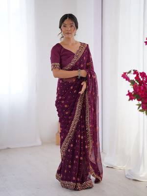 Wine embroidery lace work georgette printed saree 1