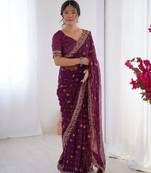 Wine embroidery lace work georgette printed saree