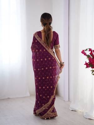 Wine embroidery lace work georgette printed saree 2