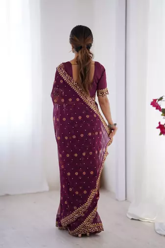 Wine embroidery lace work georgette printed saree