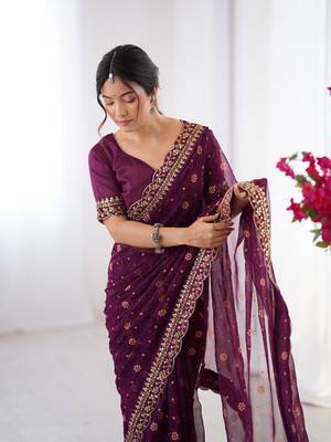 Wine embroidery lace work georgette printed saree 3