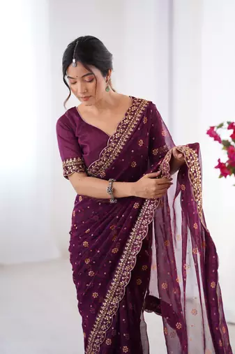 Wine embroidery lace work georgette printed saree