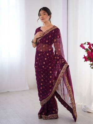 Wine embroidery lace work georgette printed saree 4