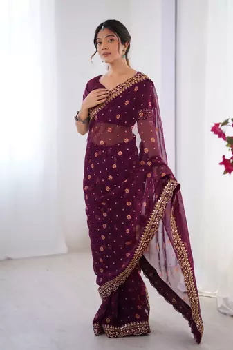 Wine embroidery lace work georgette printed saree