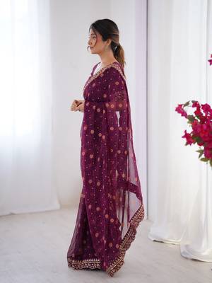 Wine embroidery lace work georgette printed saree 5