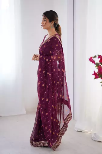 Wine embroidery lace work georgette printed saree