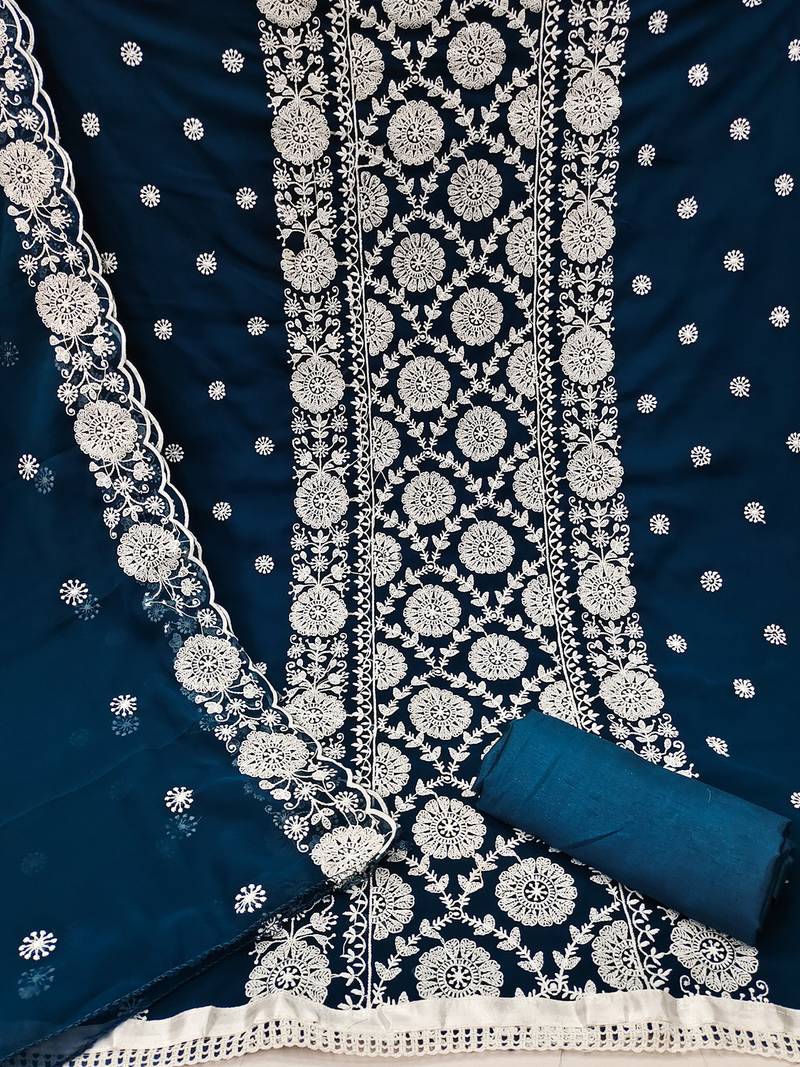 Floral embroidered unstitched dress material with net dupatta