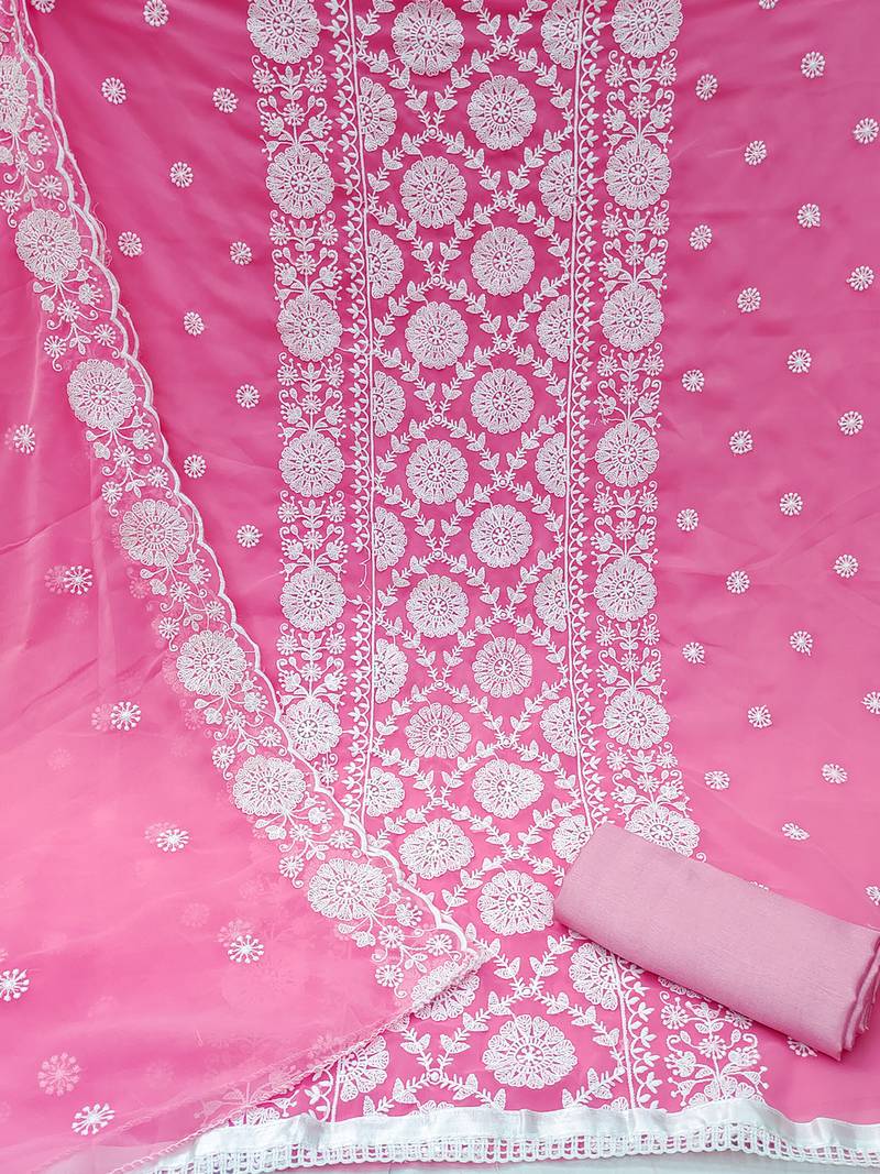 Floral embroidered unstitched dress material with net dupatta