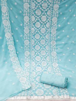 Floral embroidered unstitched dress material with net dupatta 2