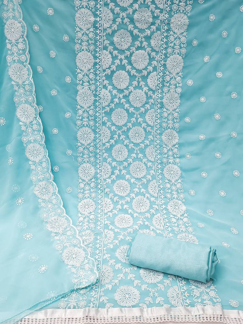 Floral embroidered unstitched dress material with net dupatta