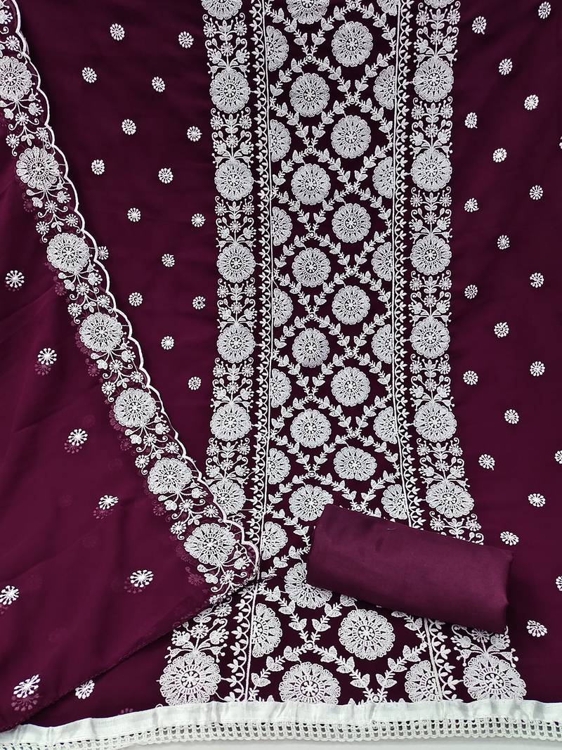 Floral embroidered unstitched dress material with net dupatta