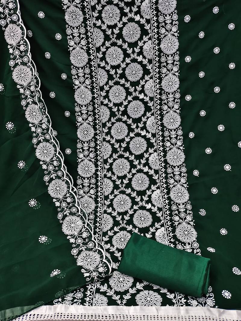 Floral embroidered unstitched dress material with net dupatta