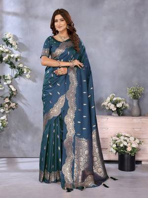 Teal blue faux banarasi silk blend jacquard weaving saree 1