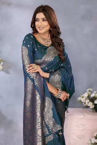 Teal blue faux banarasi silk blend jacquard weaving saree