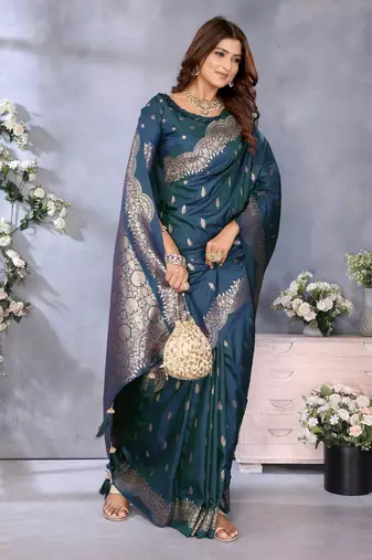 Teal blue faux banarasi silk blend jacquard weaving saree