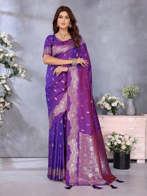 Purple faux banarasi silk blend jacquard weaving saree 1