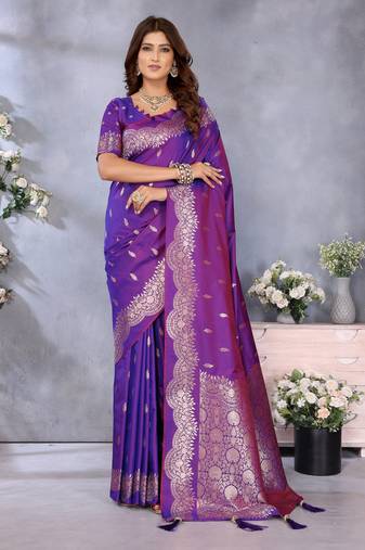 Purple banarasi silk blend jacquard weaving saree