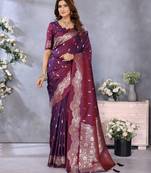 Wine banarasi silk blend jacquard weaving saree