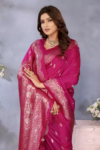 Pink faux banarasi silk blend jacquard weaving saree