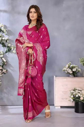 Pink faux banarasi silk blend jacquard weaving saree